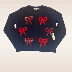 Women’s Cardigan Sweater Navy Blue Red Bow Coquette Grandma Long Sleeve